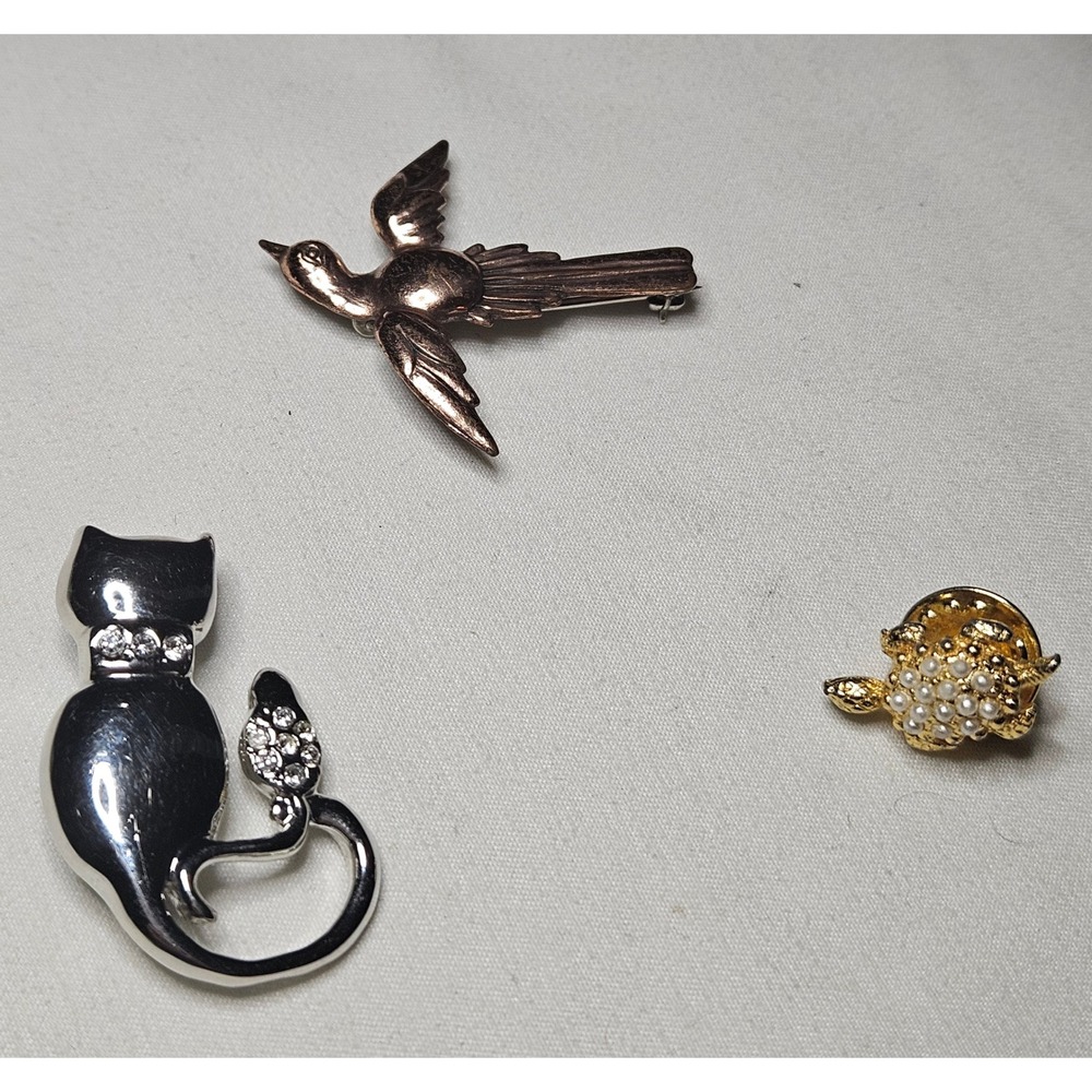 Vintage Brooch Pin Bundle Womens OS Multi Cat Bird Turtle Rhinestone